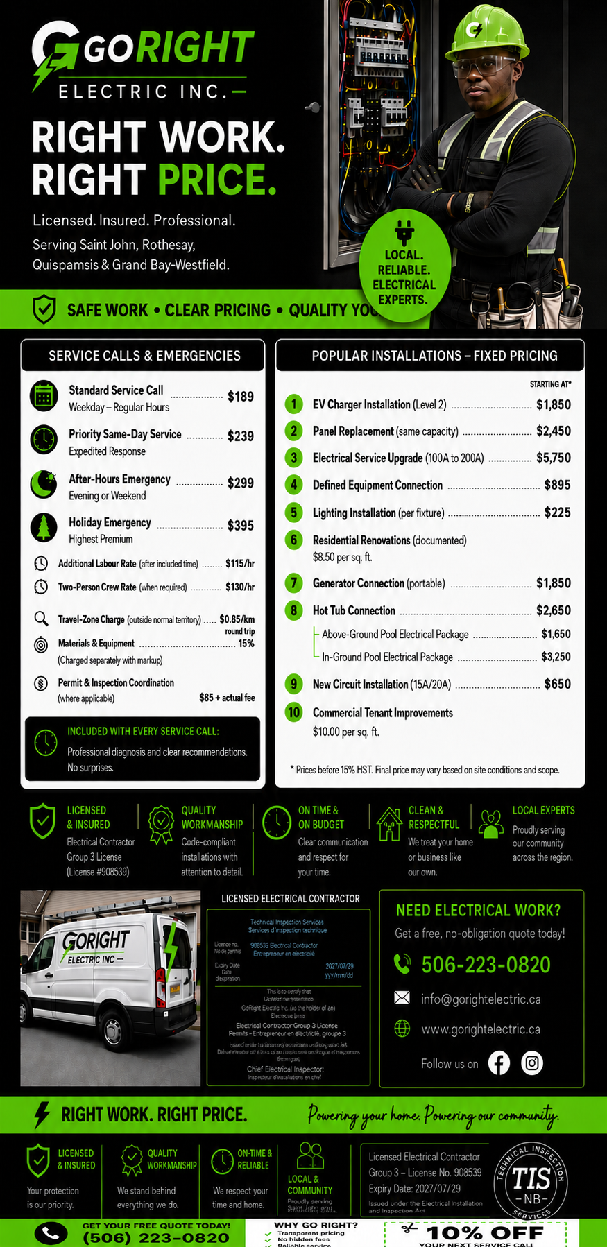 GoRight Electric service rates and popular installation starting prices featuring a professional electrician